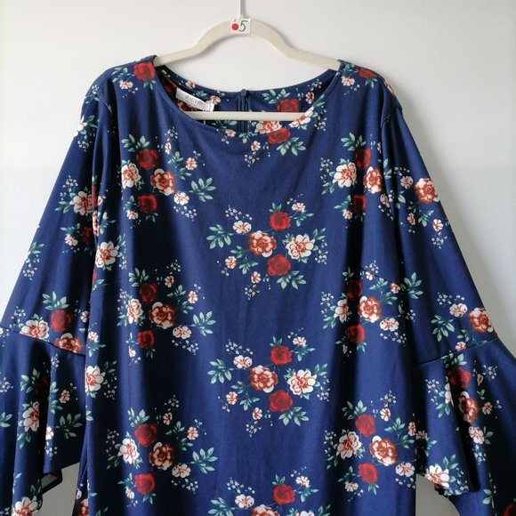 Haute Edition Womens Navy Blue Bell Sleeve Round Neck Floral Shift Dress Size 1X - Picture 2 of 10
